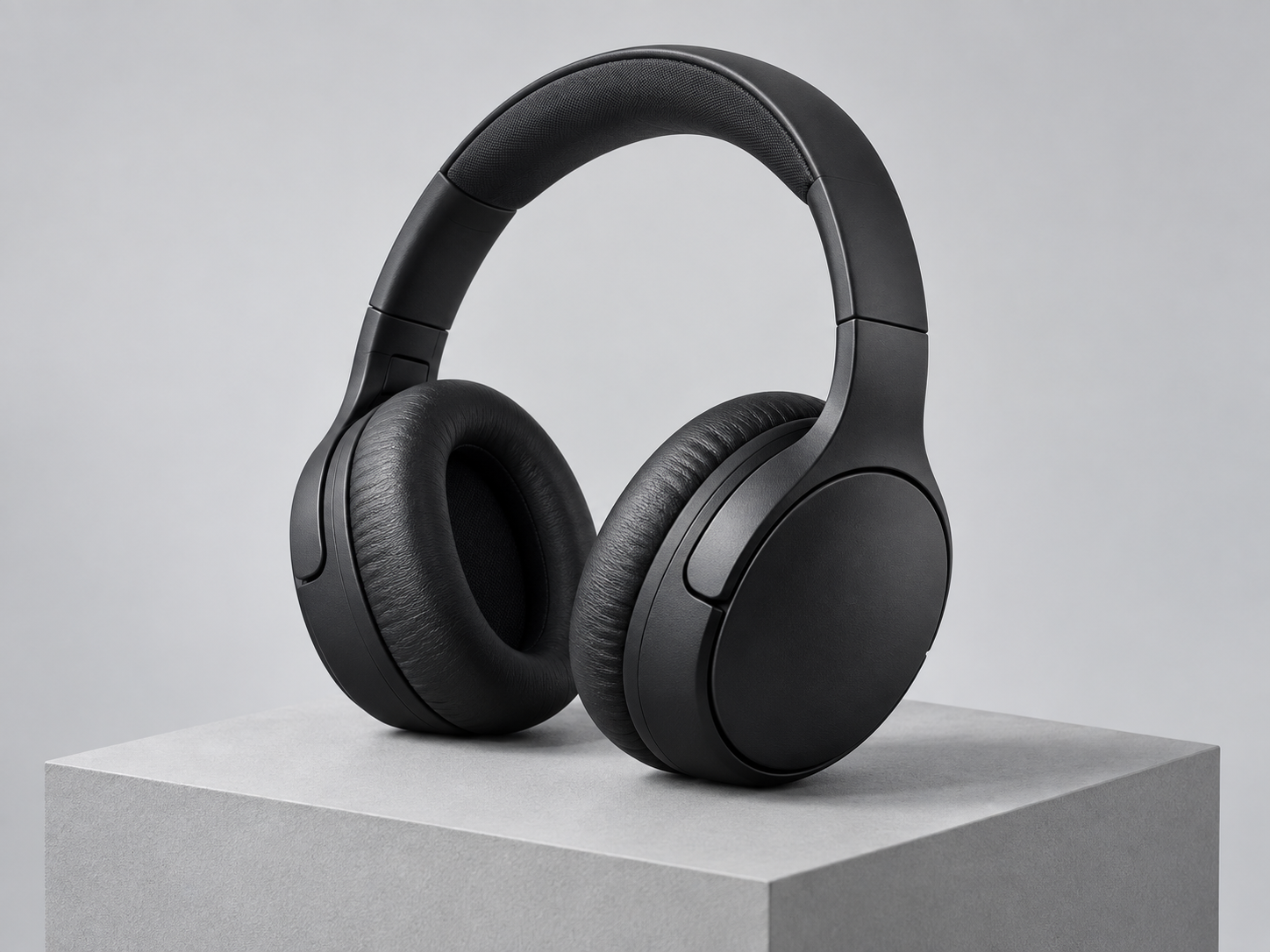 Headphone preto com destaque para a carcaça e os suportes plásticos